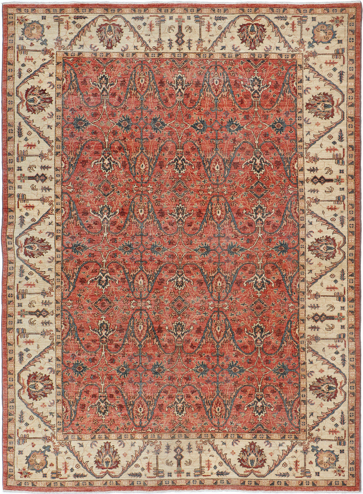 A hand-knotted antique-style 6x8 wool rug.