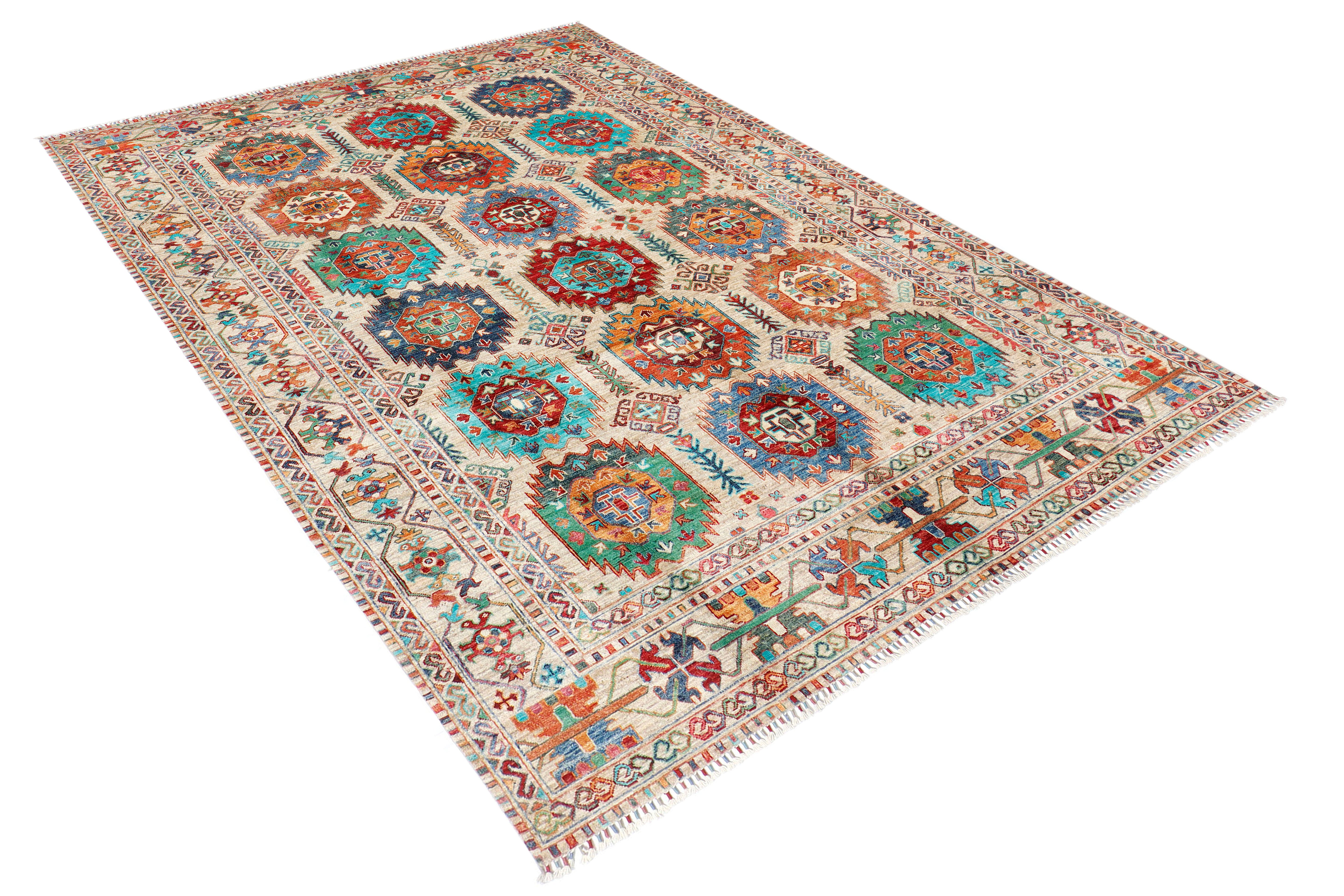 A hand-knotted 7x10 wool rug featuring a contemporary Ersari design.