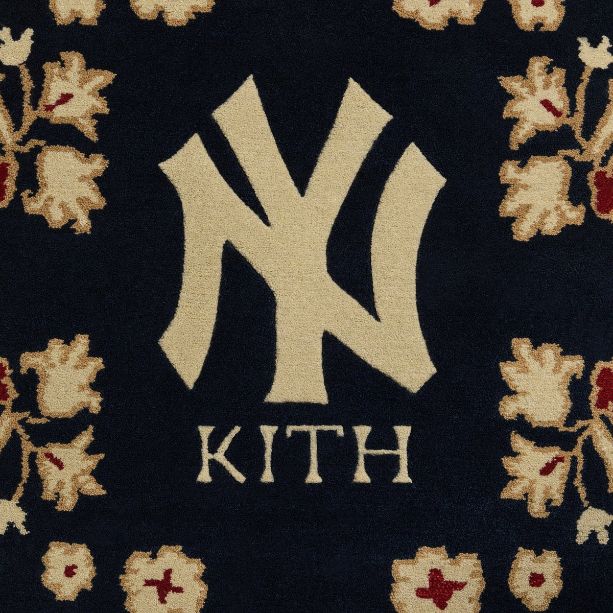 A hand-knotted Yankees rug by Kasra Rugs x Kith in a red colour combination.