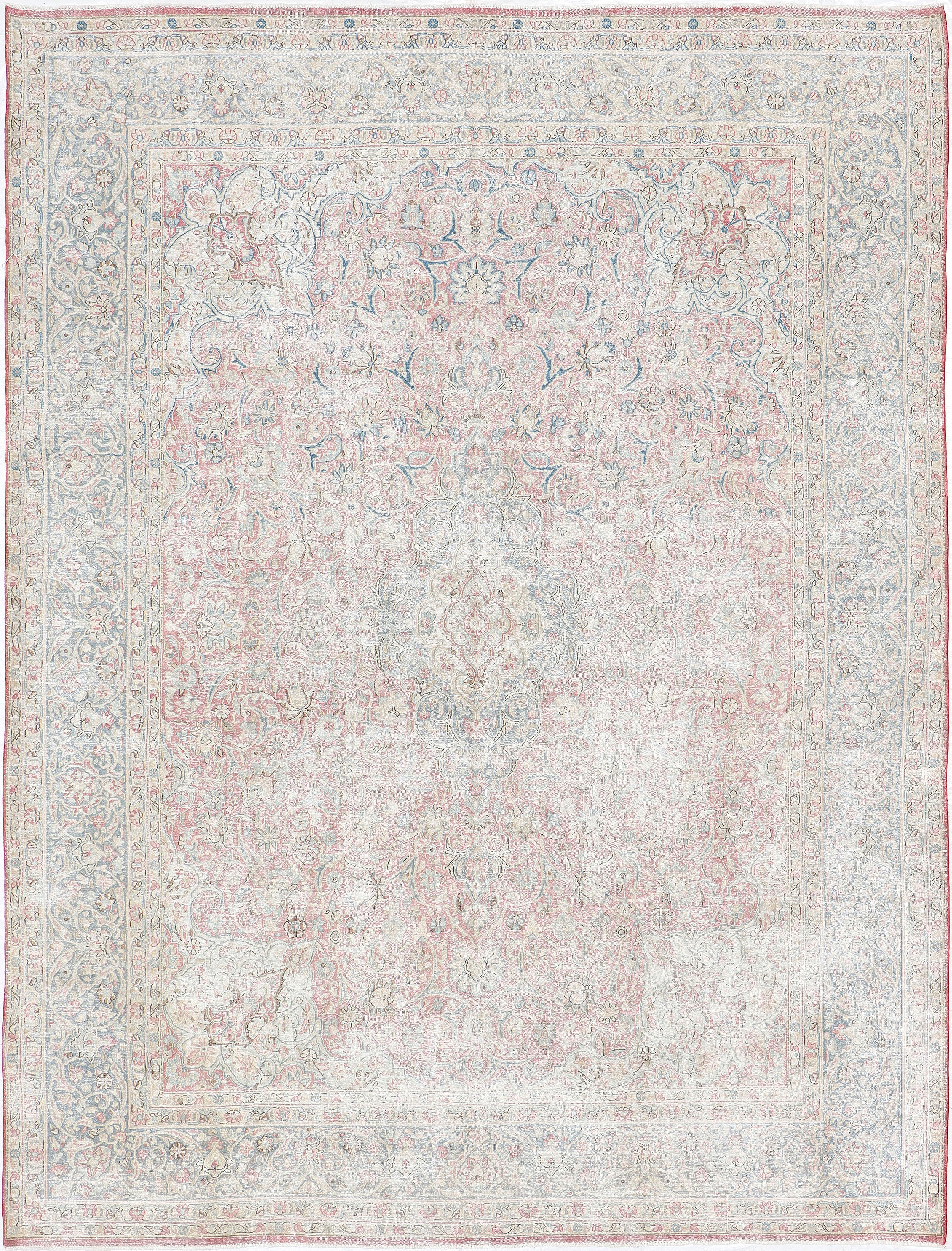 A hand-knotted 9x12 vintage wool rug featuring a classic design in a muted colour palette.