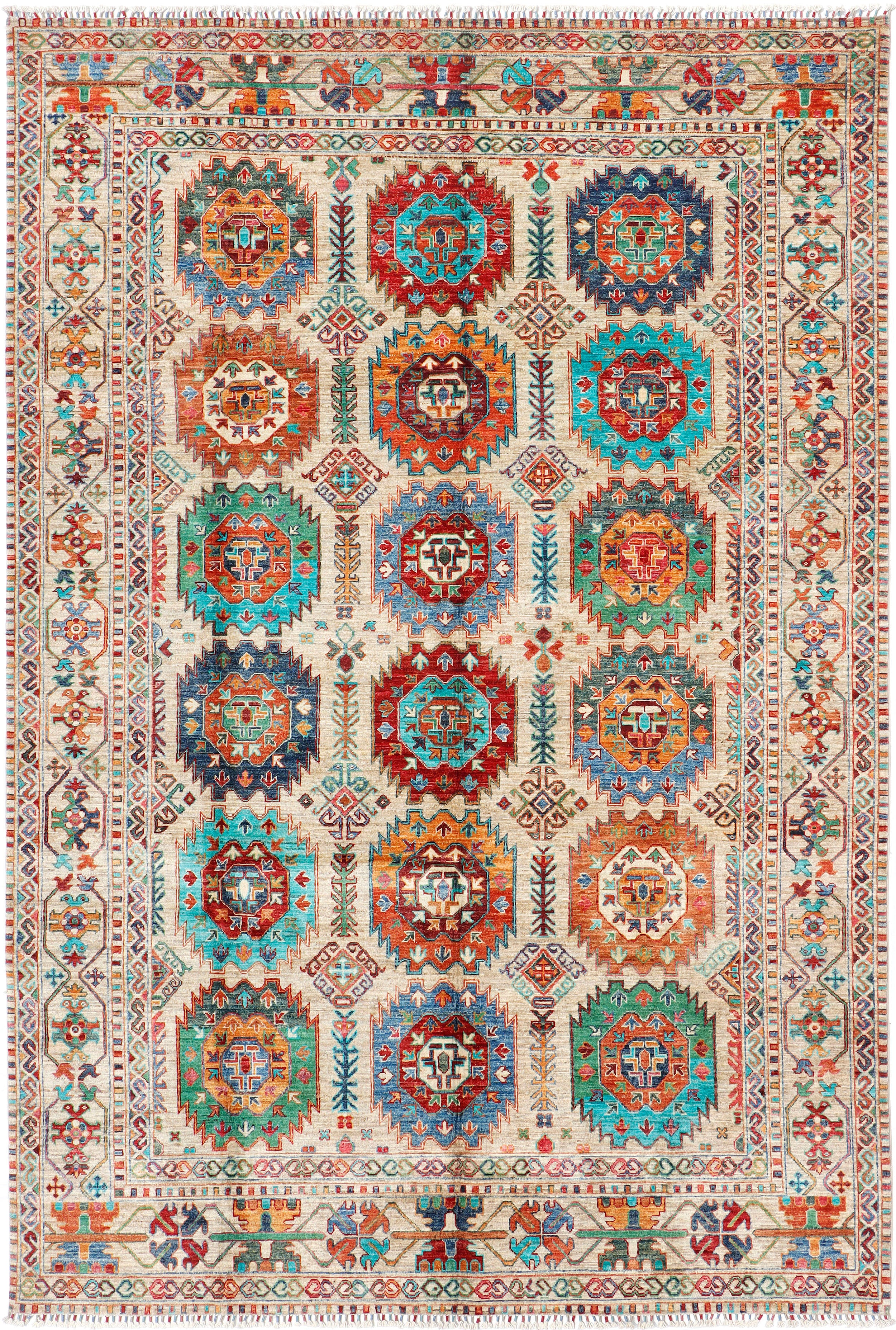 A hand-knotted 7x10 wool rug featuring a contemporary Ersari design.