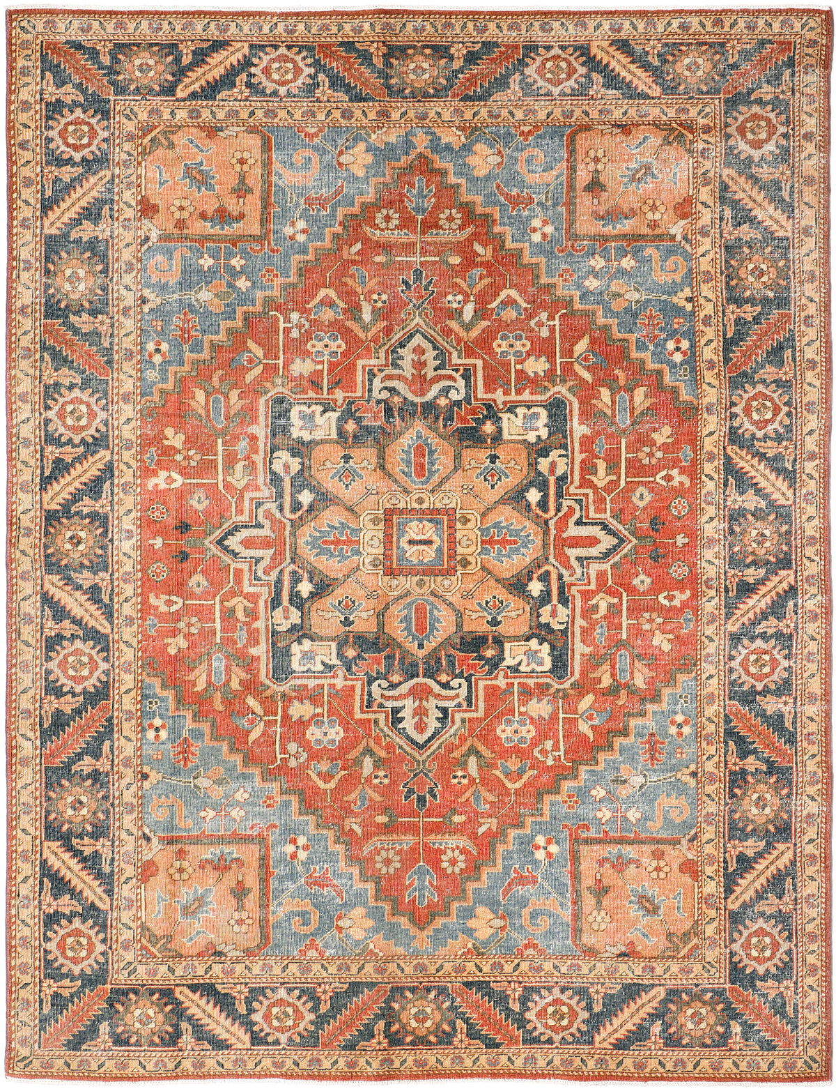A hand-knotted antique-style wool rug featuring a classic Serapi design.