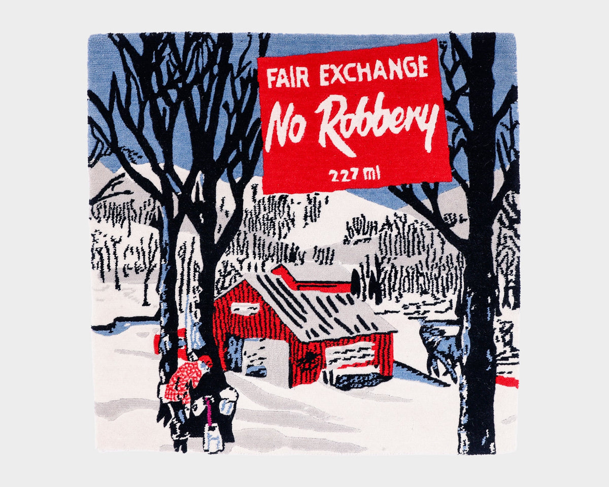 A hand-knotted custom rug based on the artwork from Fair Exchange No Robbery.
