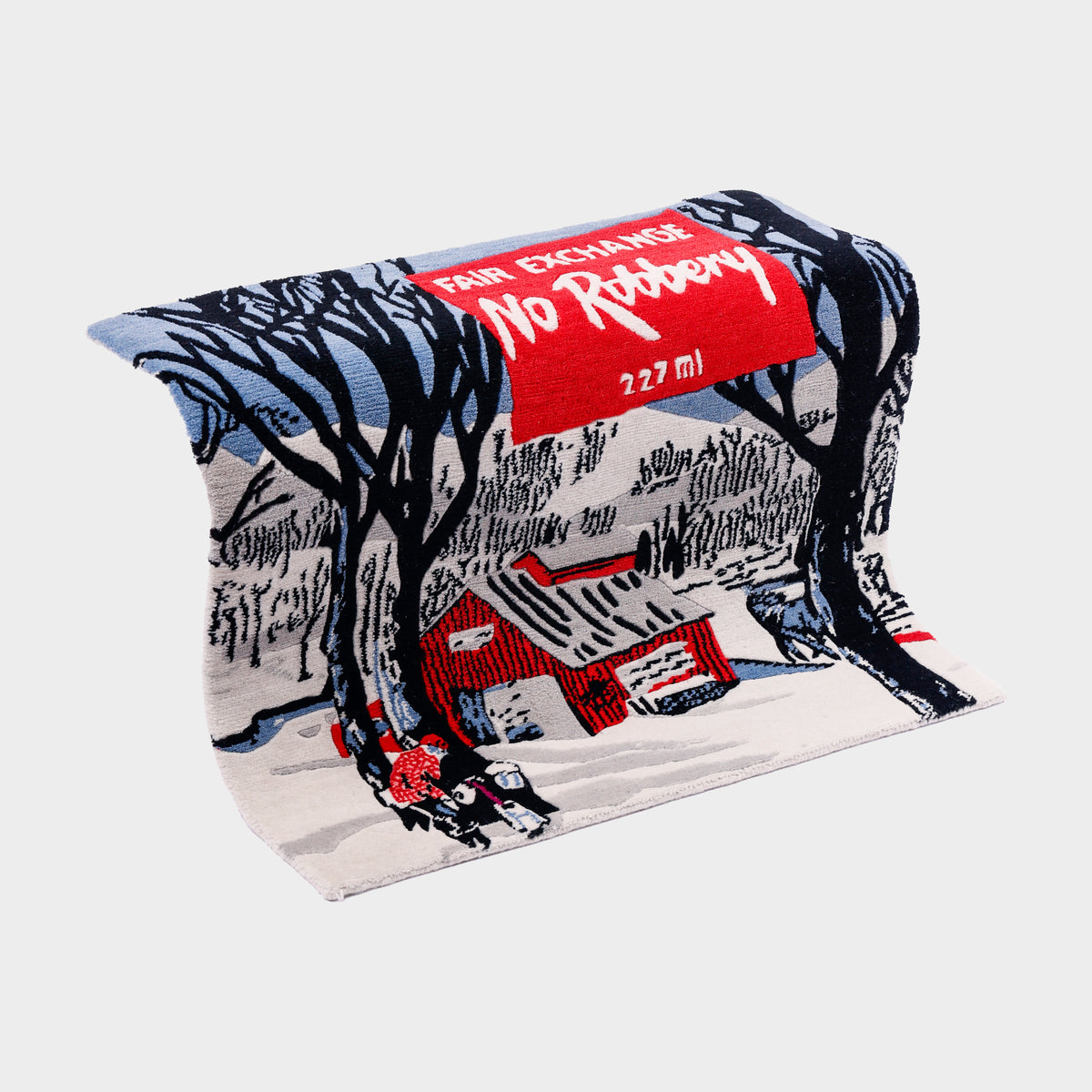A hand-knotted custom rug based on the artwork from Fair Exchange No Robbery by Nicholas Craven and Boldy James.