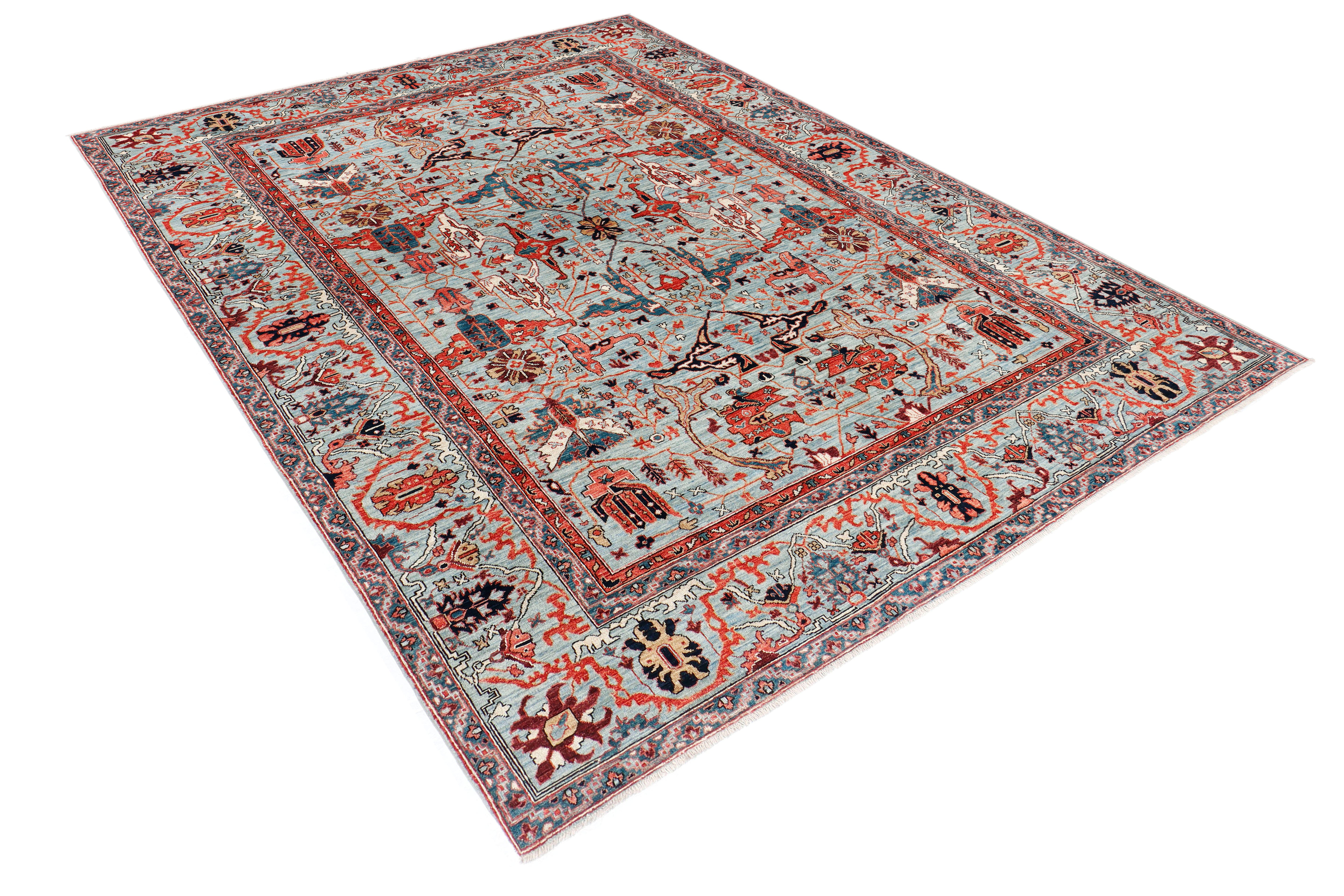 A hand-knotted 8x11 wool rug featuring a classic tribal design in a contemporary colour combination.