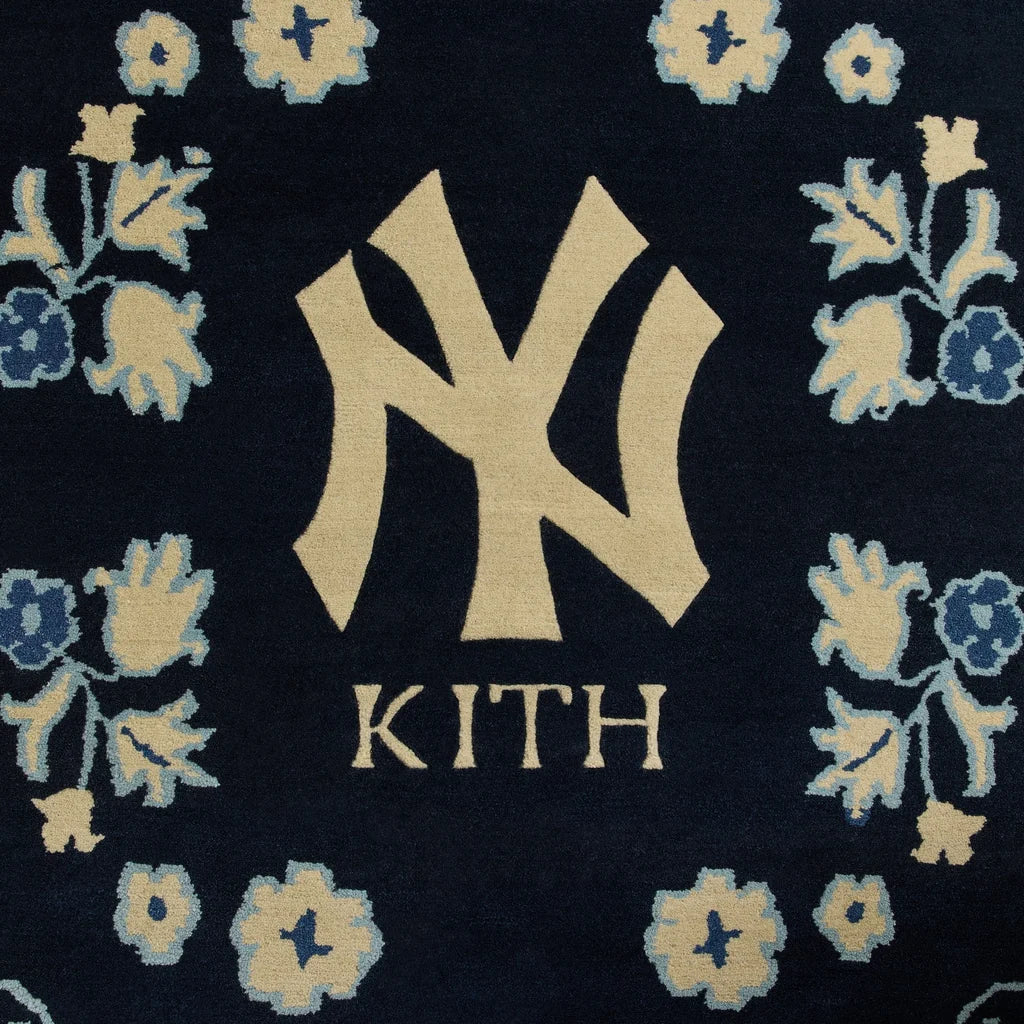 A hand-knotted Yankees rug by Kasra Rugs x Kith in a blue colour combination.