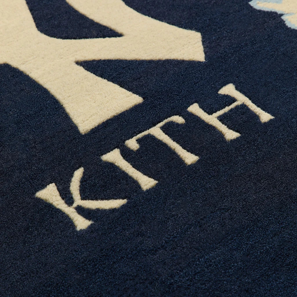 A hand-knotted Yankees rug by Kasra Rugs x Kith in a blue colour combination.
