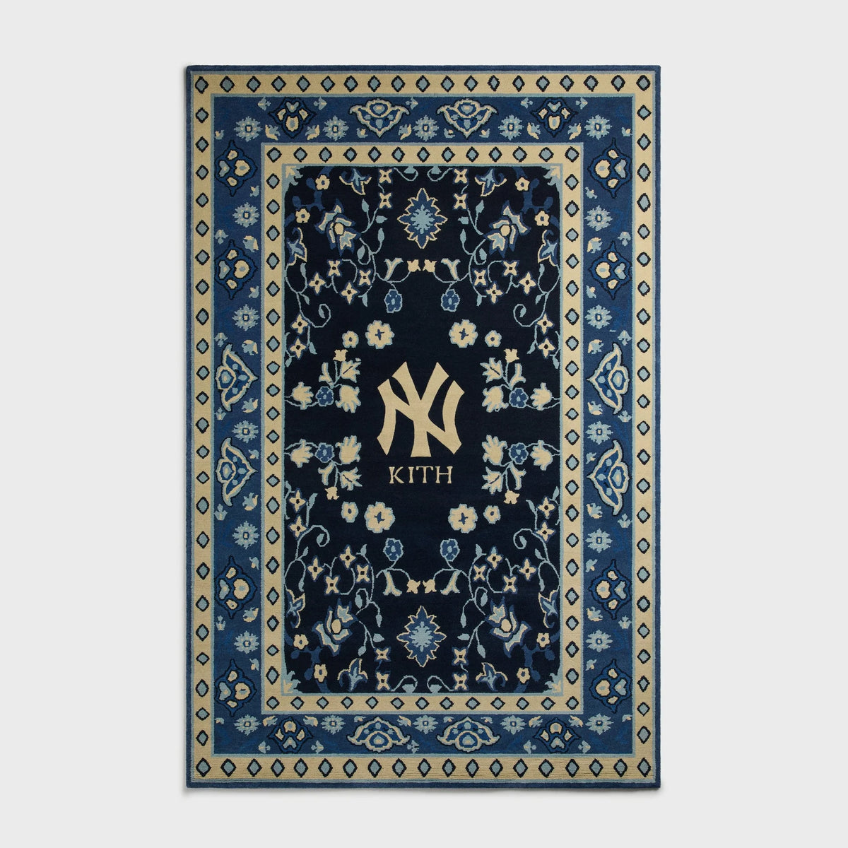 A hand-knotted Yankees rug by Kasra Rugs x Kith in a blue colour combination.