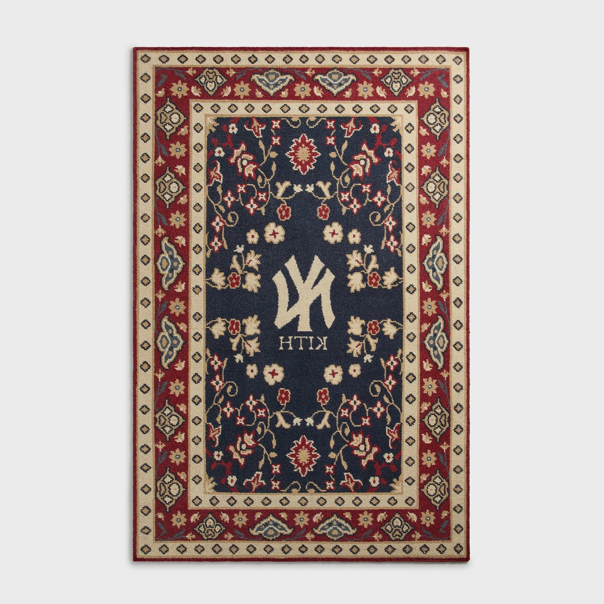 A hand-knotted Yankees rug by Kasra Rugs x Kith in a red colour combination.