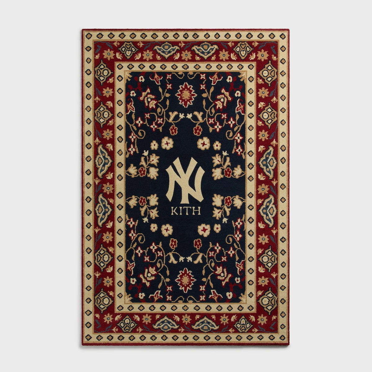 A hand-knotted Yankees rug by Kasra Rugs x Kith in a red colour combination.