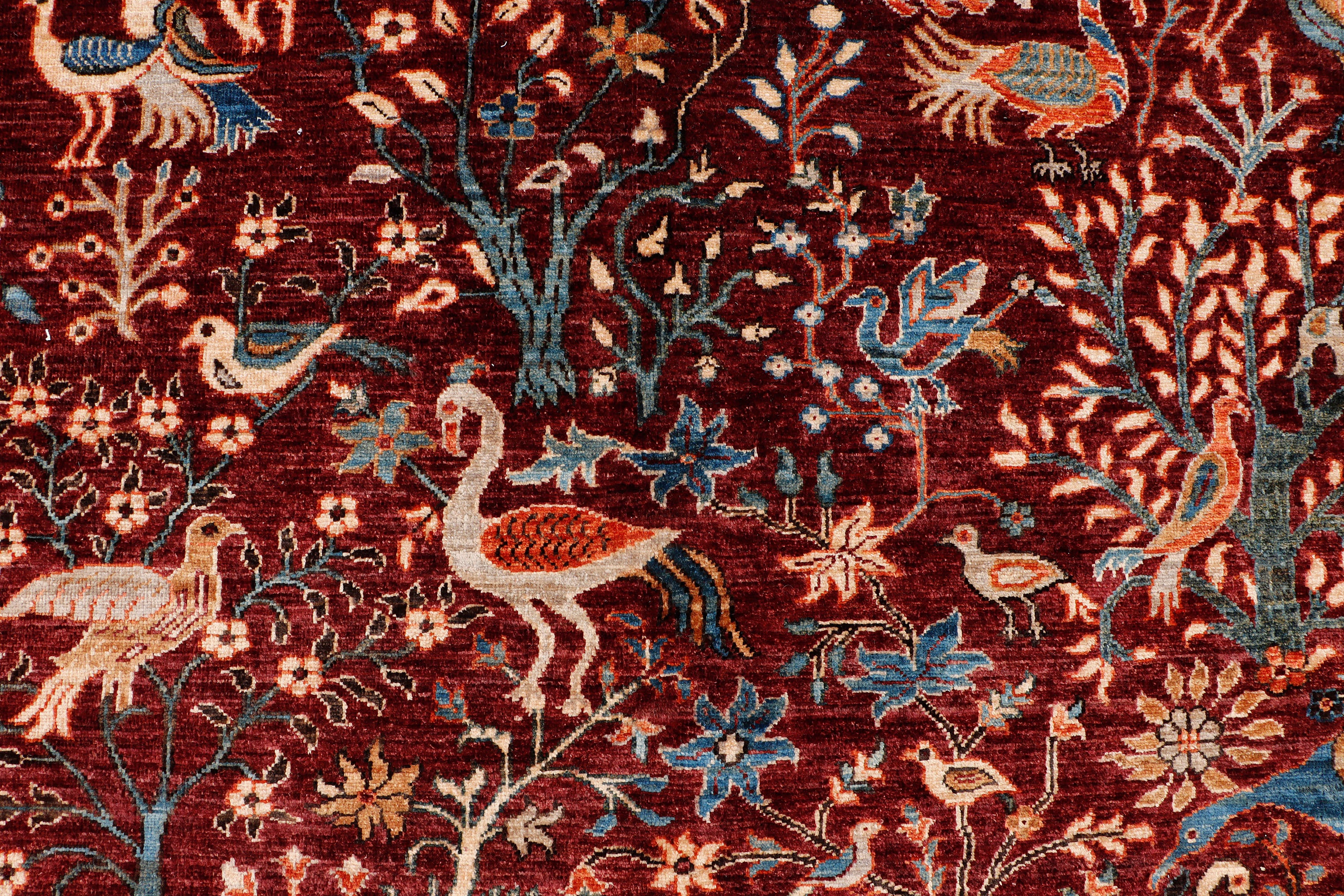 A hand-knotted wool rug with detailed peacock and bird design.